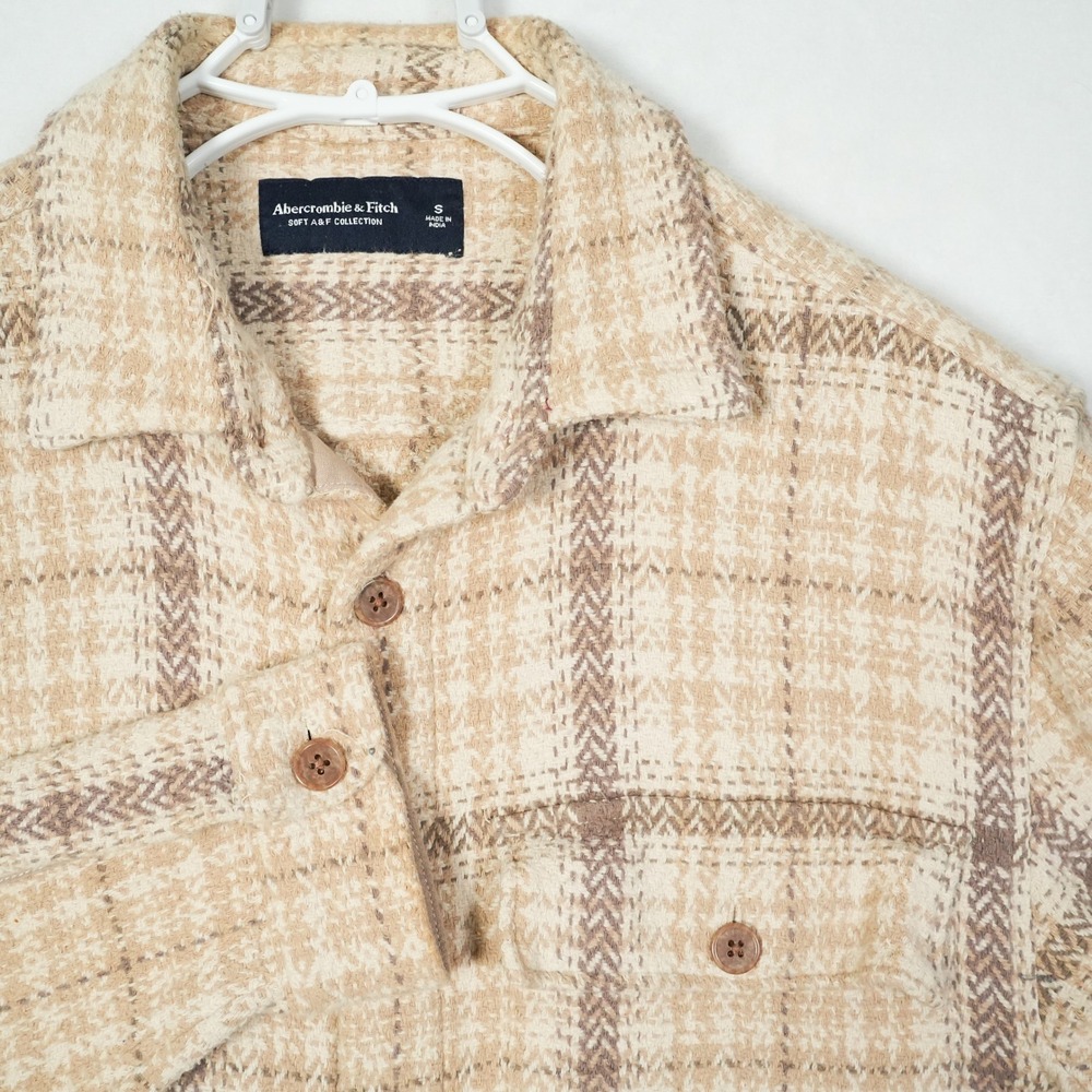 Abercrombie & Fitch Soft AF Plaid Herringbone Button Shirt Mens Small‎ Tan Brown